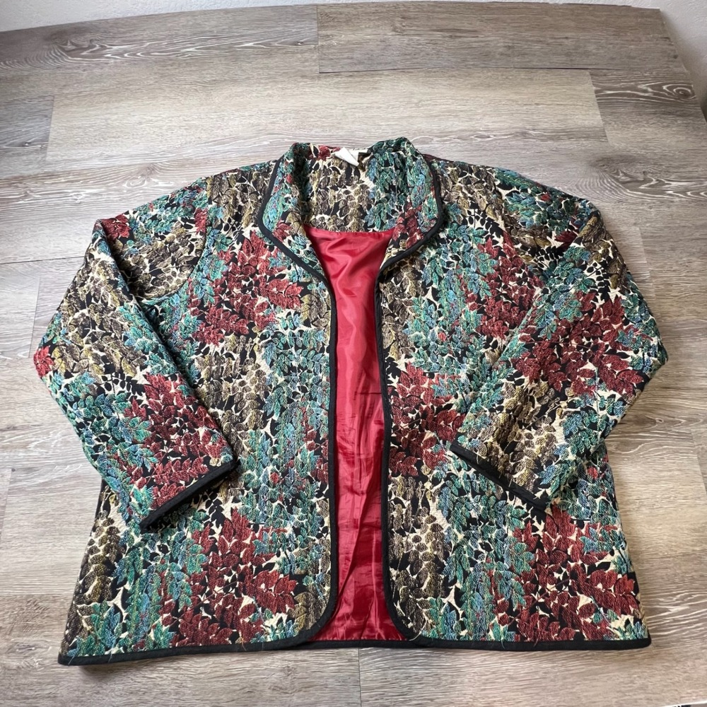 Serengeti Tapestry Jacket Womens 1X Multicolor Floral Open Front Woven Boho Coat